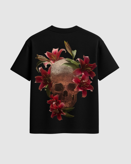 Bloom After Death – Crimson Lily Skull Oversized Tee
